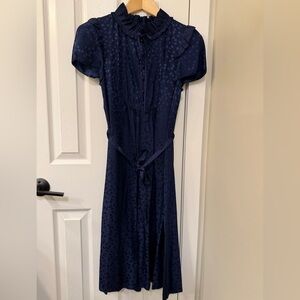 Marc Jacobs Navy Silk-Blend Ruffle-Neck Dress with Self Tie